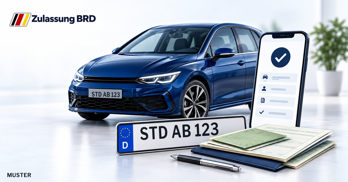 Online Fahrzeugzulassung in Jork: Musterkennzeichen STD AB 123, Auto und Fahrzeugpapiere und Smartphone. Illustration mit Logo von Zulassung BRD.